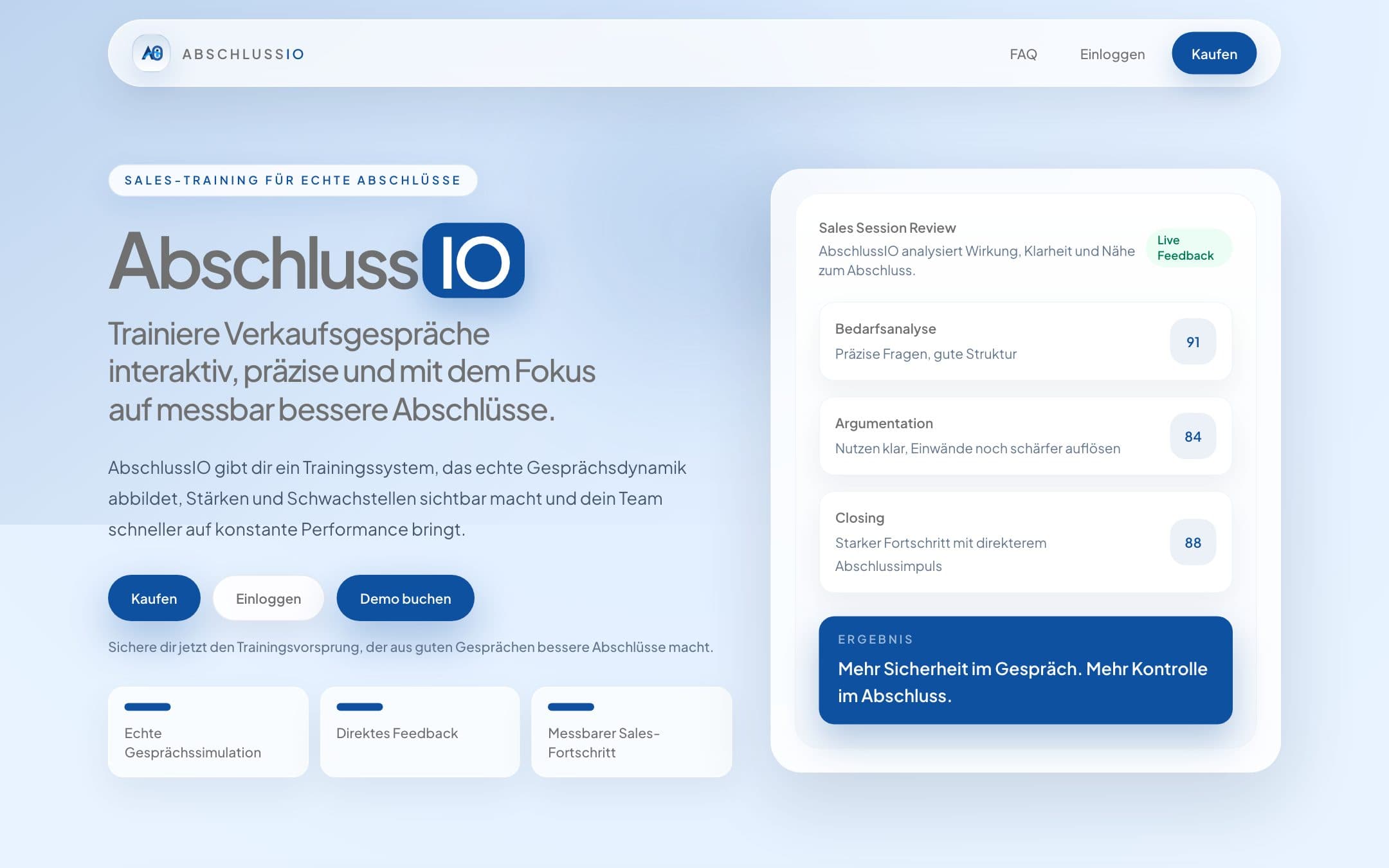 Startseite von AbschlussIO mit Sales Session Review