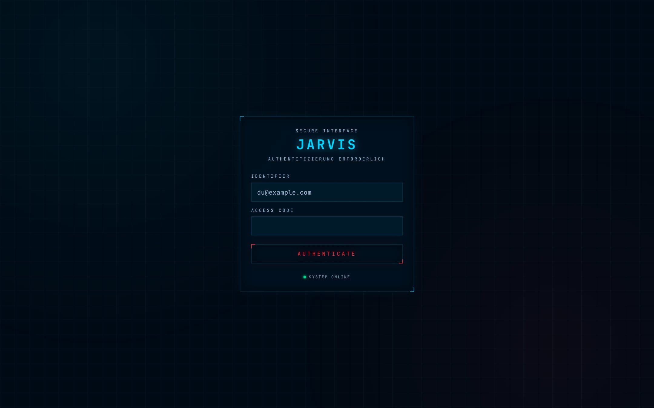 Login-Screen von Jarvis im Command-Center-Design