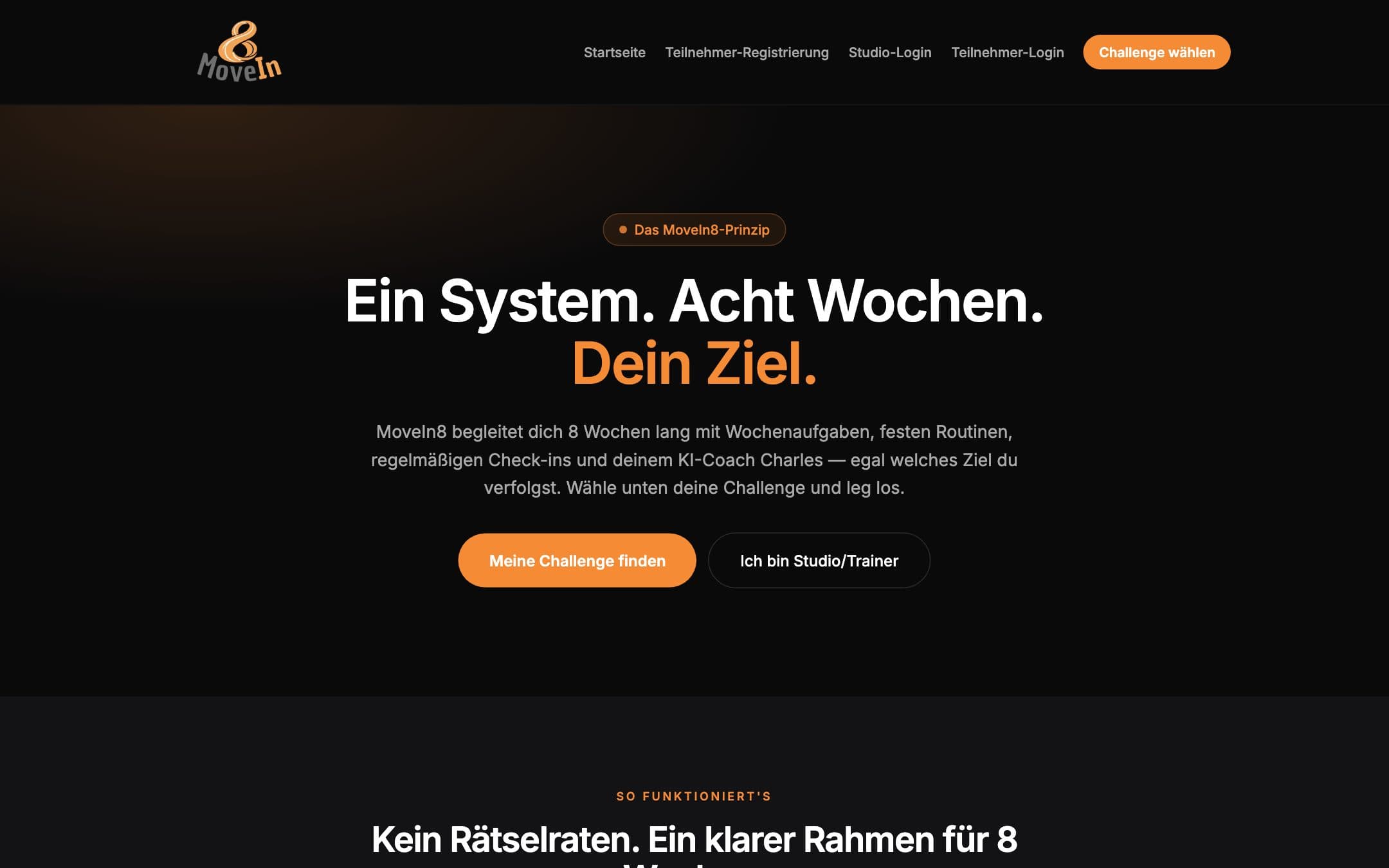 Startseite von MoveIn8 mit dem Slogan Ein System. Acht Wochen. Dein Ziel.